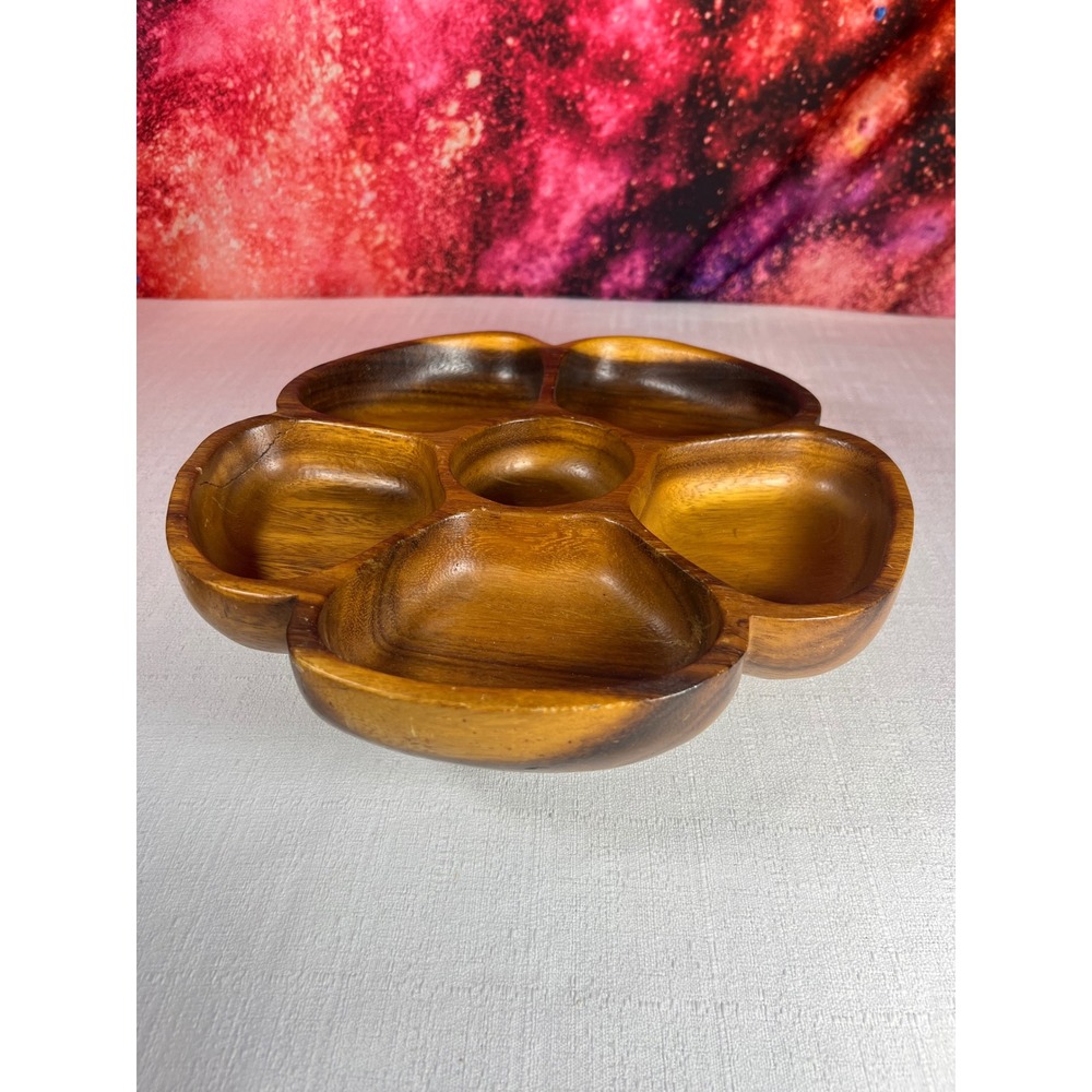 Vintage 1960s  Monkey Pod Wood Flower Serving Tray 5 Section Divided Appetizer